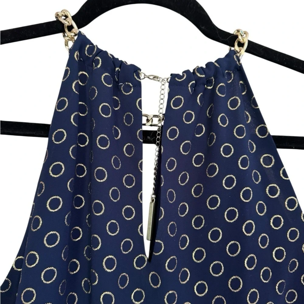 Michael Kors Navy Sleeveless Blouse Chain Accent Gold Circle Design XS or Small